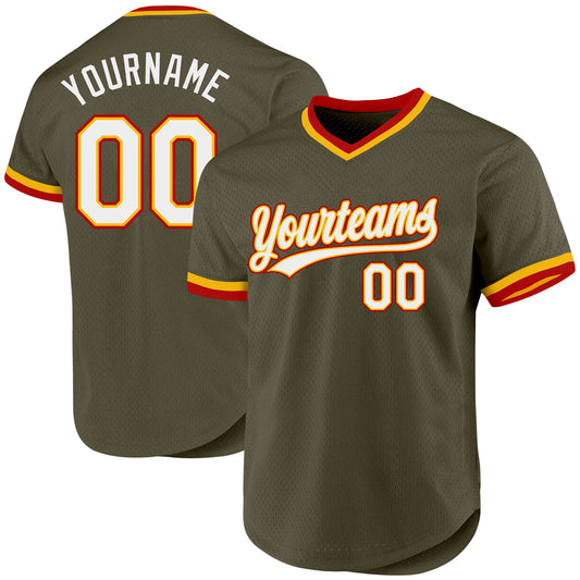 Custom Olive Gold-Red Authentic Throwback Salute To Service Baseball Jersey - Sky-Custom