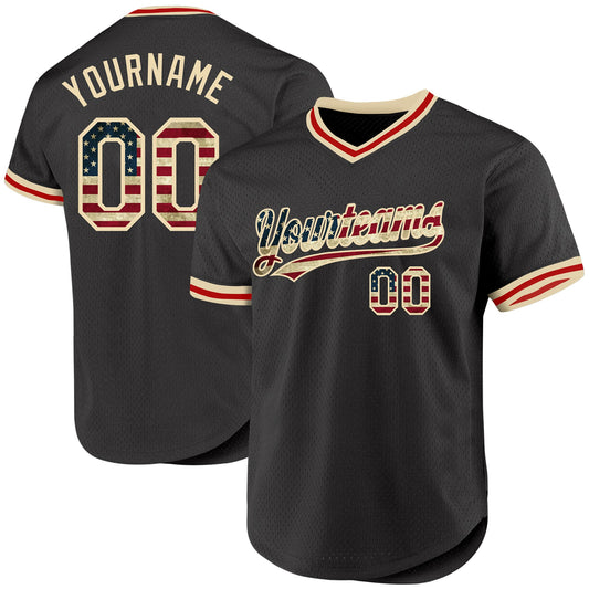 Custom Olive Vintage USA Flag Cream-Red Authentic Throwback Salute To Service Baseball Jersey - Sky-Custom