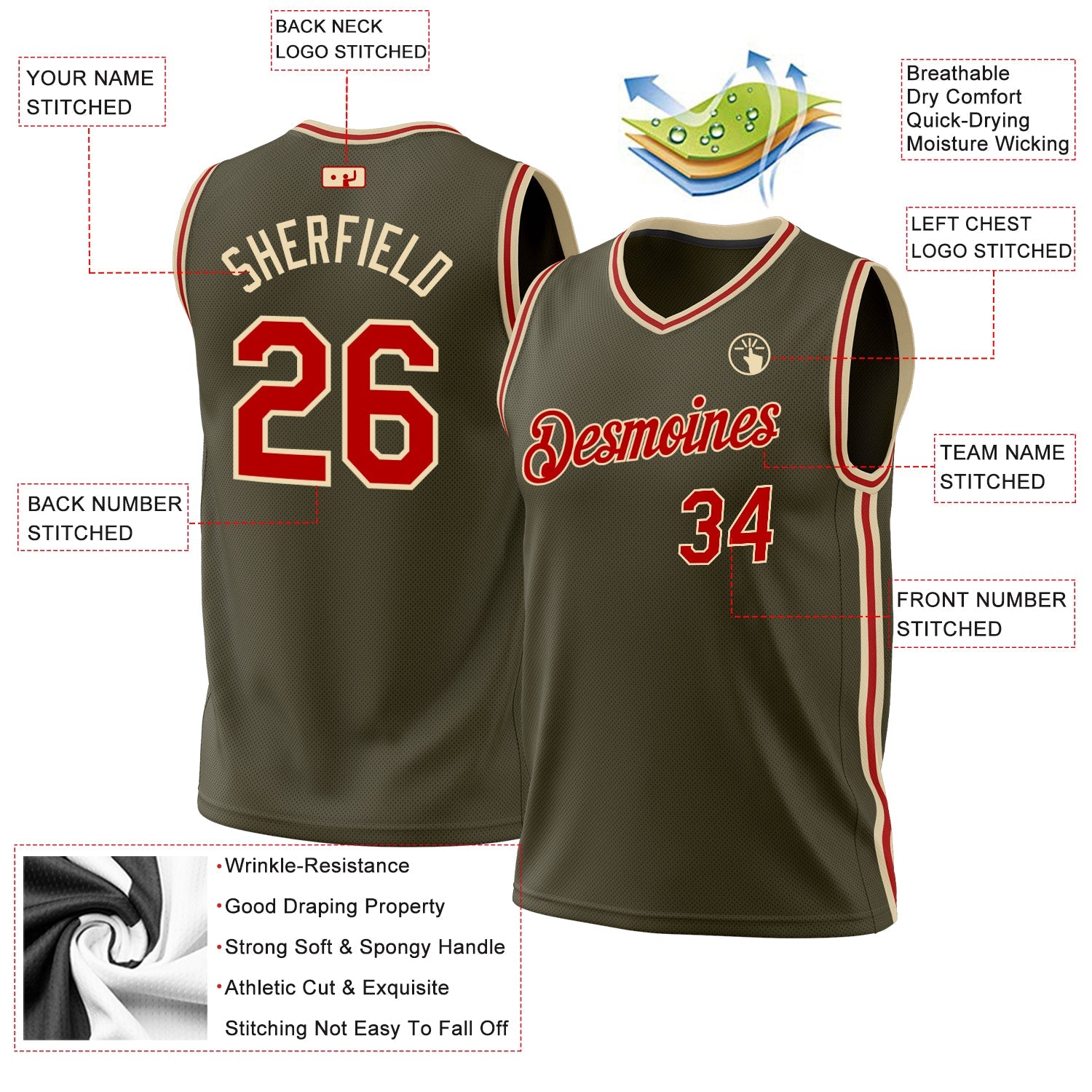 Custom Olive Red-Cream Authentic Throwback Salute To Service Basketball Jersey - Sky-Custom