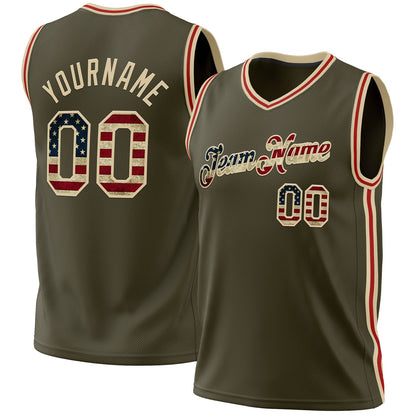 Custom Olive Vintage USA Flag Cream-Red Authentic Throwback Salute To Service Basketball Jersey - Sky-Custom