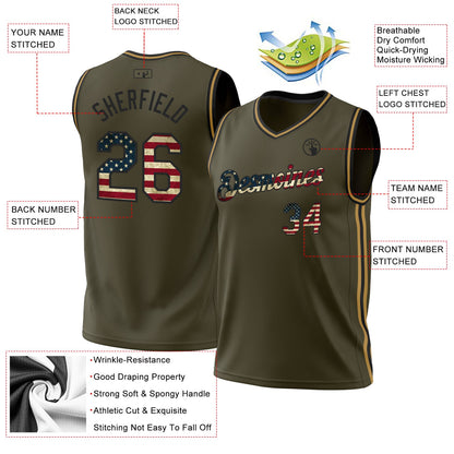 Custom Olive Vintage USA Flag Black-Old Gold Authentic Throwback Salute To Service Basketball Jersey - Sky-Custom