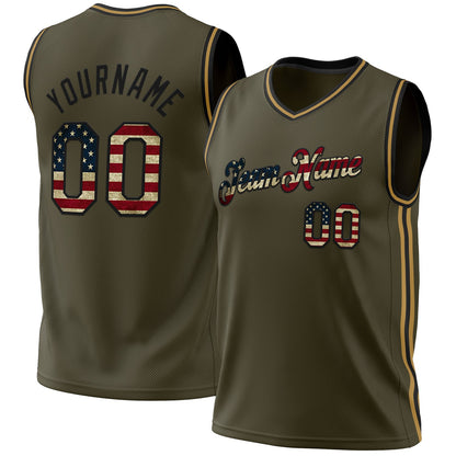 Custom Olive Vintage USA Flag Black-Old Gold Authentic Throwback Salute To Service Basketball Jersey - Sky-Custom