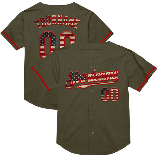 Custom Olive Vintage USA Flag-Red Mesh Authentic Throwback Salute To Service Baseball Jersey - Sky-Custom