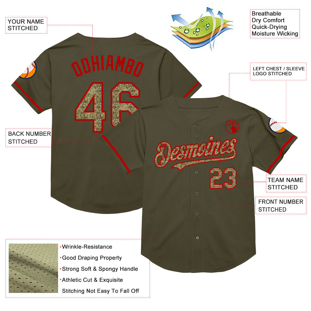 Custom Olive Camo-Red Mesh Authentic Throwback Salute To Service Baseball Jersey - Sky-Custom