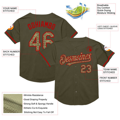 Custom Olive Camo-Red Mesh Authentic Throwback Salute To Service Baseball Jersey - Sky-Custom