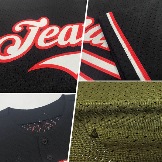 Custom Olive Red-Cream Mesh Authentic Throwback Salute To Service Baseball Jersey - Sky-Custom