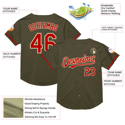 Custom Olive Red-Cream Mesh Authentic Throwback Salute To Service Baseball Jersey - Sky-Custom