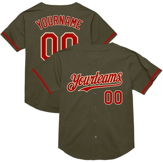 Custom Olive Red-Cream Mesh Authentic Throwback Salute To Service Baseball Jersey - Sky-Custom