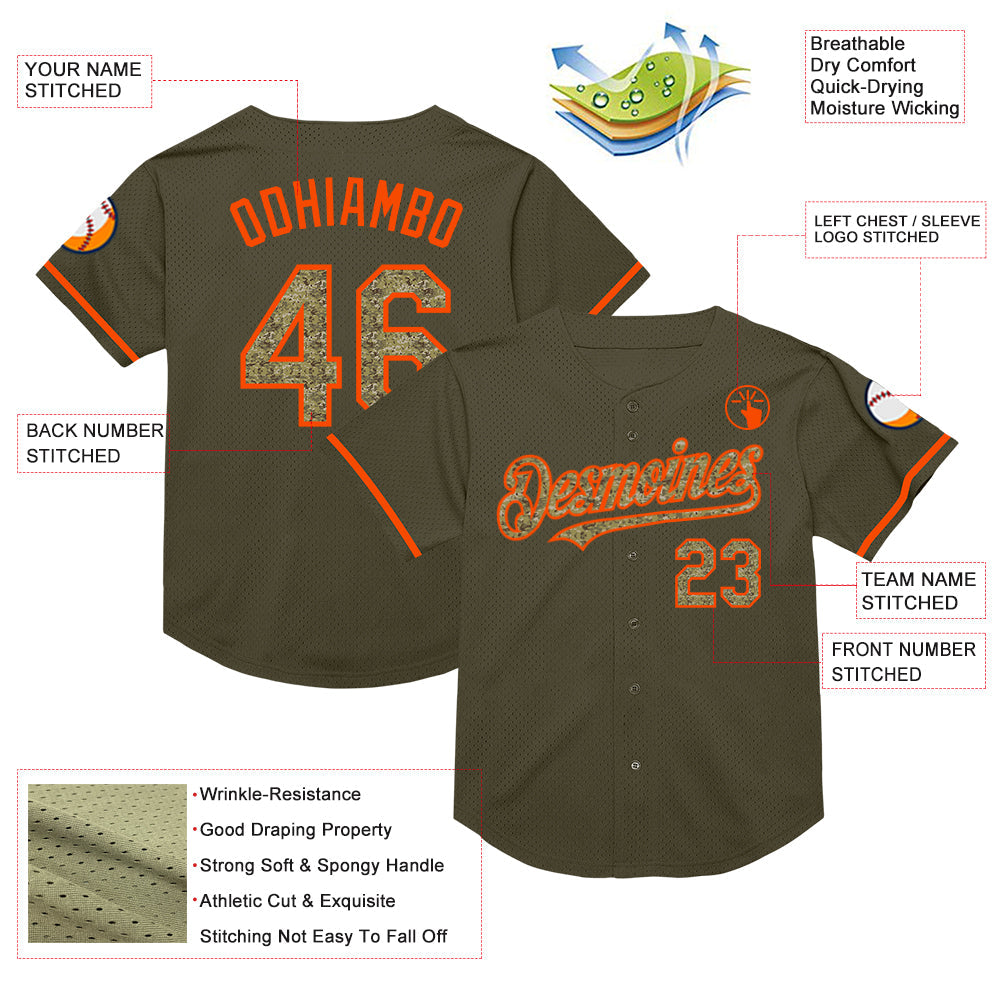 Custom Olive Camo-Orange Mesh Authentic Throwback Salute To Service Baseball Jersey - Sky-Custom