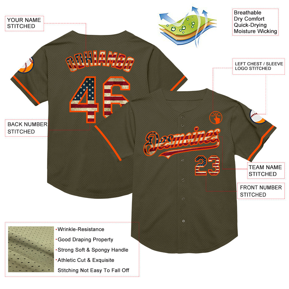 Custom Olive Vintage USA Flag-Orange Mesh Authentic Throwback Salute To Service Baseball Jersey - Sky-Custom