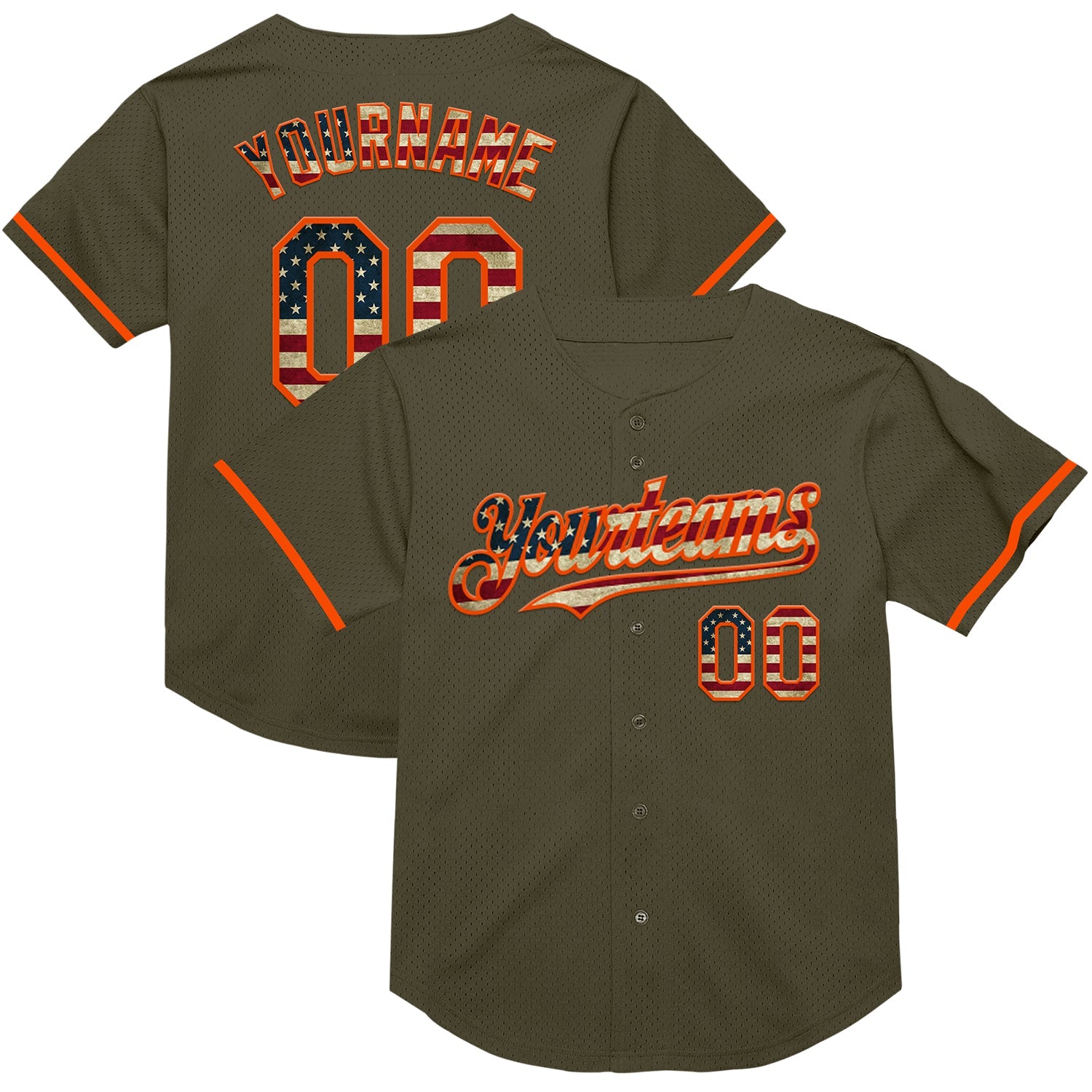 Custom Olive Vintage USA Flag-Orange Mesh Authentic Throwback Salute To Service Baseball Jersey - Sky-Custom