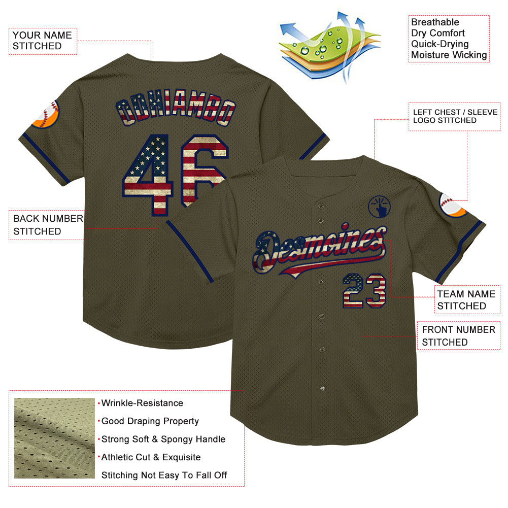 Custom Olive Vintage USA Flag-Navy Mesh Authentic Throwback Salute To Service Baseball Jersey - Sky-Custom