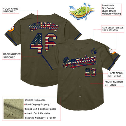 Custom Olive Vintage USA Flag-Navy Mesh Authentic Throwback Salute To Service Baseball Jersey - Sky-Custom
