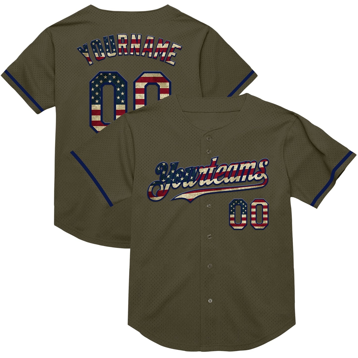 Custom Olive Vintage USA Flag-Navy Mesh Authentic Throwback Salute To Service Baseball Jersey - Sky-Custom