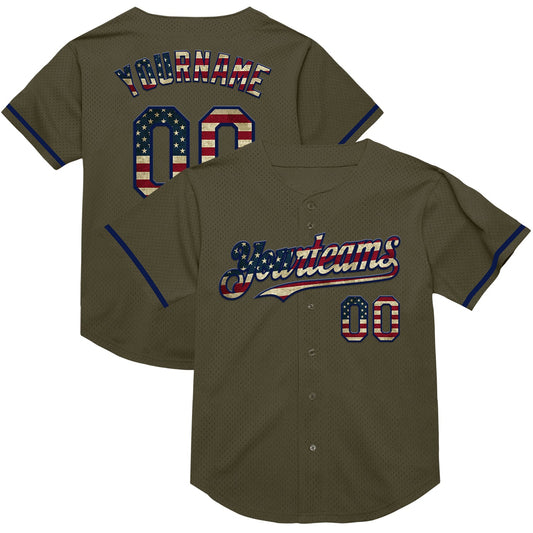 Custom Olive Vintage USA Flag-Navy Mesh Authentic Throwback Salute To Service Baseball Jersey - Sky-Custom