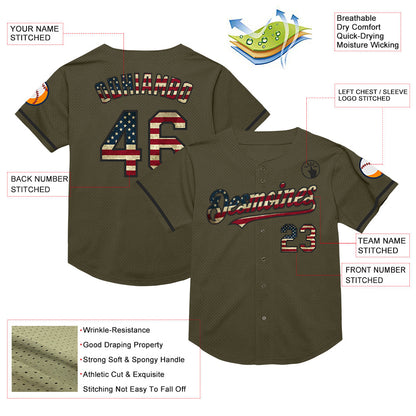 Custom Olive Vintage USA Flag-Black Mesh Authentic Throwback Salute To Service Baseball Jersey - Sky-Custom