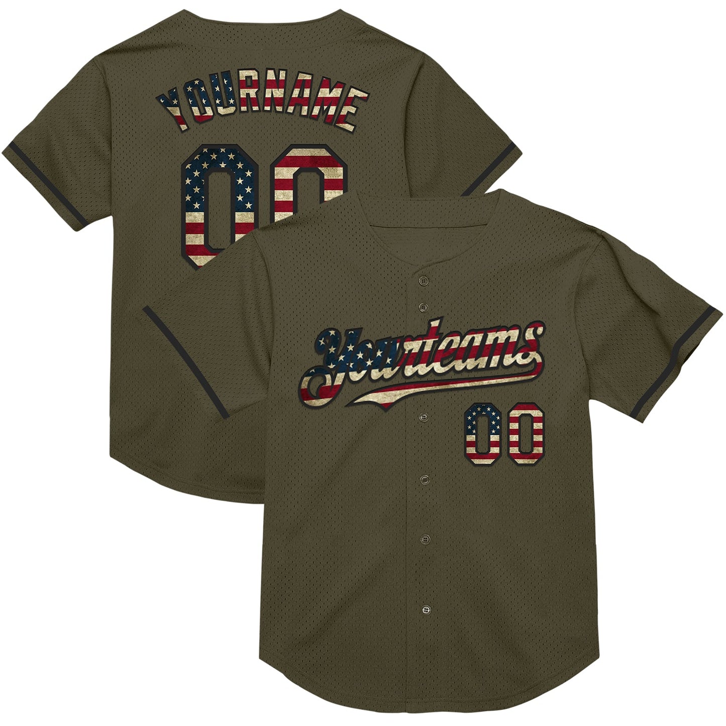Custom Olive Vintage USA Flag-Black Mesh Authentic Throwback Salute To Service Baseball Jersey - Sky-Custom