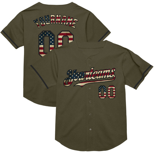 Custom Olive Vintage USA Flag-Black Mesh Authentic Throwback Salute To Service Baseball Jersey - Sky-Custom