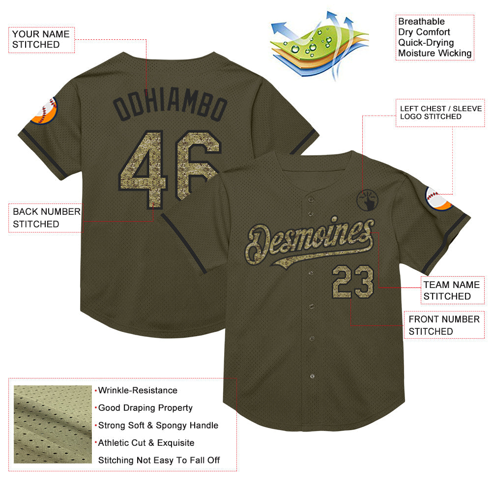 Custom Olive Camo-Black Mesh Authentic Throwback Salute To Service Baseball Jersey - Sky-Custom
