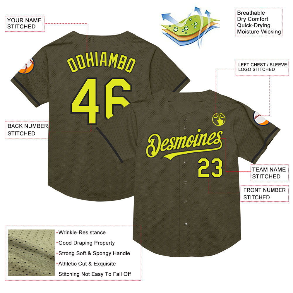 Custom Olive Neon Yellow-Black Mesh Authentic Throwback Salute To Service Baseball Jersey - Sky-Custom