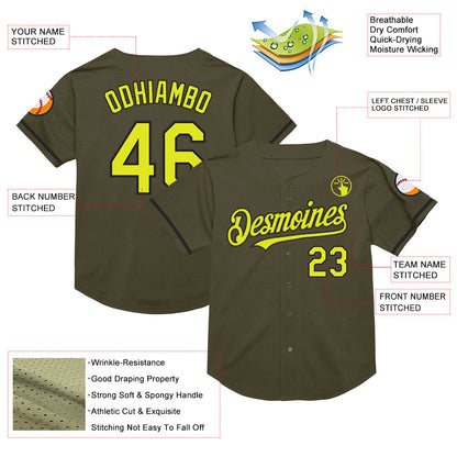 Custom Olive Neon Yellow-Black Mesh Authentic Throwback Salute To Service Baseball Jersey - Sky-Custom