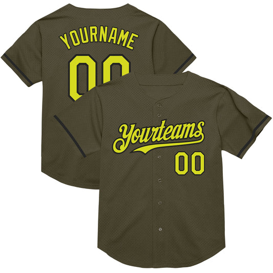 Custom Olive Neon Yellow-Black Mesh Authentic Throwback Salute To Service Baseball Jersey - Sky-Custom