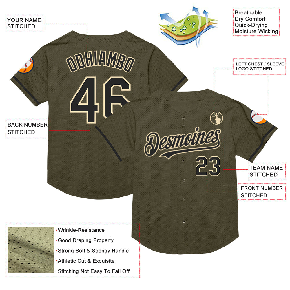 Custom Olive Black-Cream Mesh Authentic Throwback Salute To Service Baseball Jersey - Sky-Custom