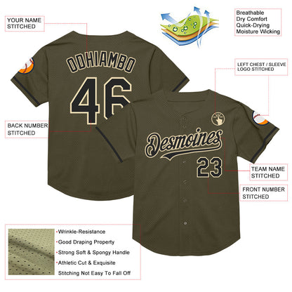 Custom Olive Black-Cream Mesh Authentic Throwback Salute To Service Baseball Jersey - Sky-Custom