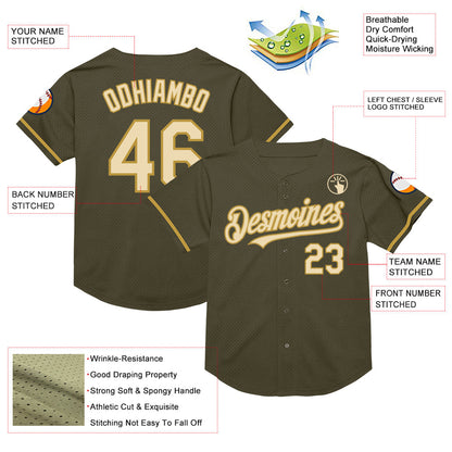 Custom Olive Cream-Old Gold Mesh Authentic Throwback Salute To Service Baseball Jersey - Sky-Custom
