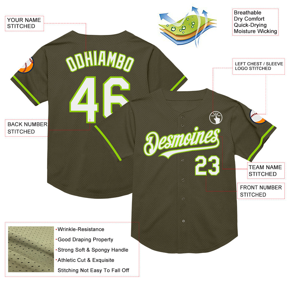 Custom Olive White-Neon Green Mesh Authentic Throwback Salute To Service Baseball Jersey - Sky-Custom
