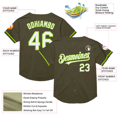 Custom Olive White-Neon Green Mesh Authentic Throwback Salute To Service Baseball Jersey - Sky-Custom