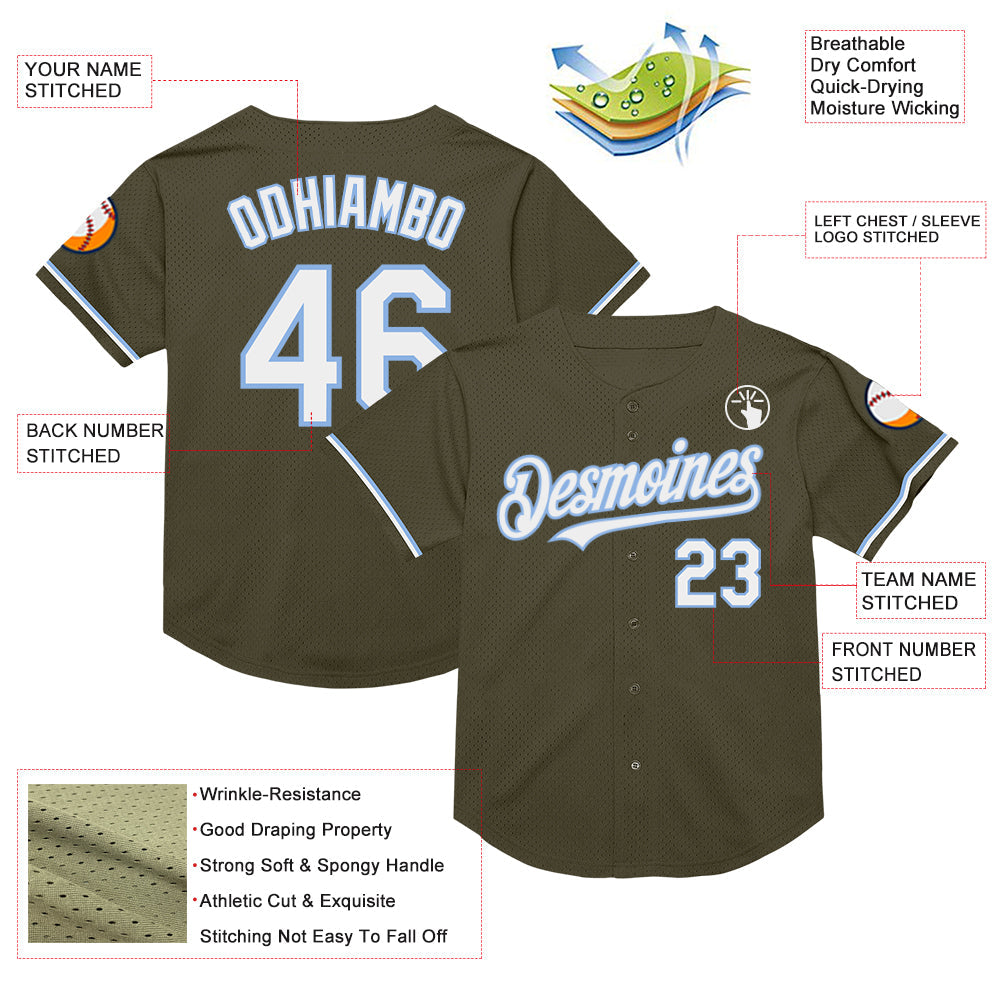 Custom Olive White-Light Blue Mesh Authentic Throwback Salute To Service Baseball Jersey - Sky-Custom