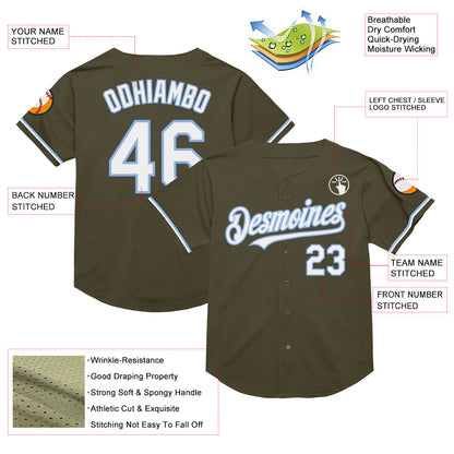 Custom Olive White-Light Blue Mesh Authentic Throwback Salute To Service Baseball Jersey - Sky-Custom