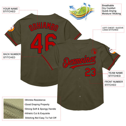 Custom Olive Red-Black Mesh Authentic Throwback Salute To Service Baseball Jersey - Sky-Custom