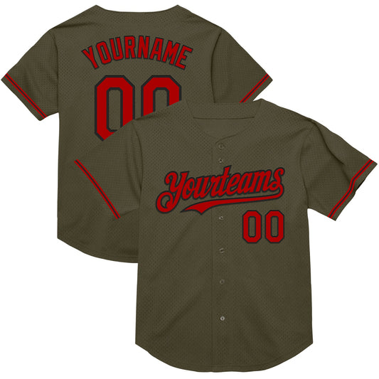 Custom Olive Red-Black Mesh Authentic Throwback Salute To Service Baseball Jersey - Sky-Custom