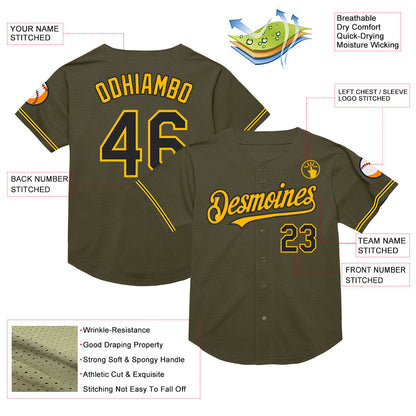 Custom Olive Black-Gold Mesh Authentic Throwback Salute To Service Baseball Jersey - Sky-Custom
