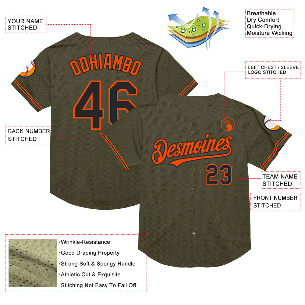 Custom Olive Black-Orange Mesh Authentic Throwback Salute To Service Baseball Jersey - Sky-Custom
