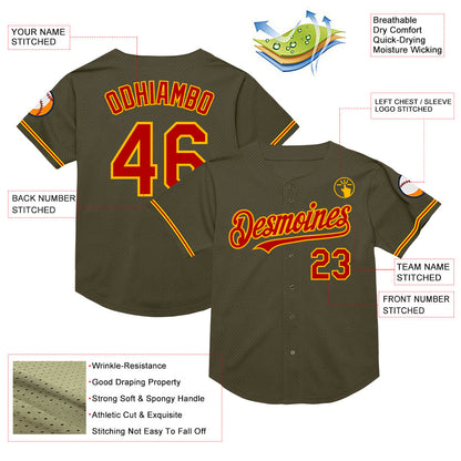 Custom Olive Red-Gold Mesh Authentic Throwback Salute To Service Baseball Jersey - Sky-Custom