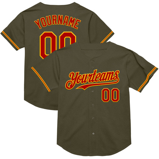 Custom Olive Red-Gold Mesh Authentic Throwback Salute To Service Baseball Jersey - Sky-Custom
