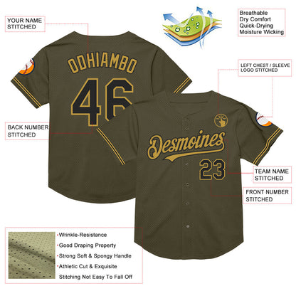 Custom Olive Black-Old Gold Mesh Authentic Throwback Salute To Service Baseball Jersey - Sky-Custom