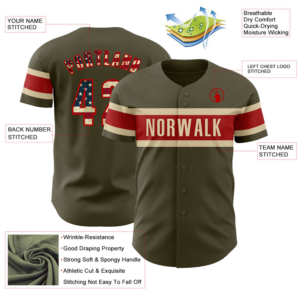 Custom Olive Vintage USA Flag Red-Cream Authentic Salute To Service Baseball Jersey - Sky-Custom