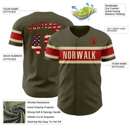 Custom Olive Vintage USA Flag Red-Cream Authentic Salute To Service Baseball Jersey - Sky-Custom