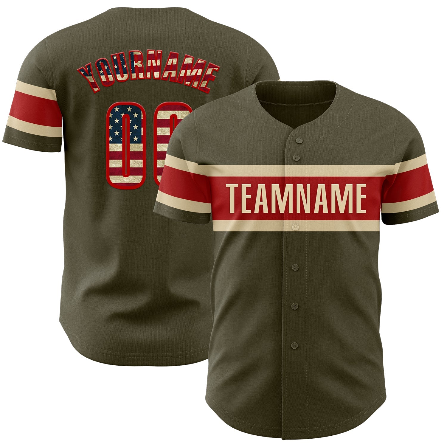 Custom Olive Vintage USA Flag Red-Cream Authentic Salute To Service Baseball Jersey - Sky-Custom