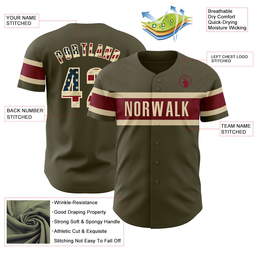 Custom Olive Vintage USA Flag Cream-Crimson Authentic Salute To Service Baseball Jersey - Sky-Custom