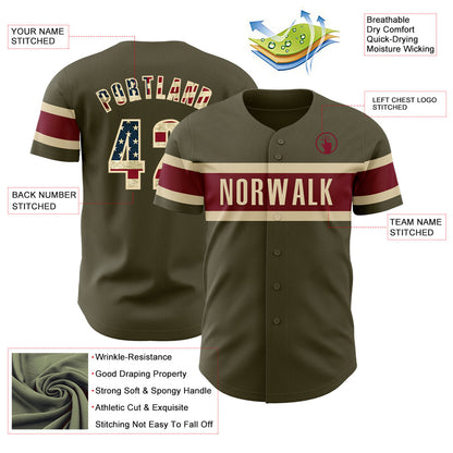 Custom Olive Vintage USA Flag Cream-Crimson Authentic Salute To Service Baseball Jersey - Sky-Custom