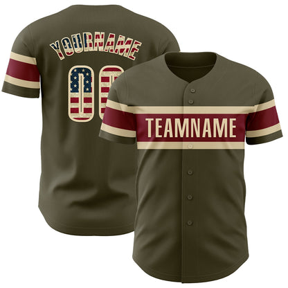 Custom Olive Vintage USA Flag Cream-Crimson Authentic Salute To Service Baseball Jersey - Sky-Custom