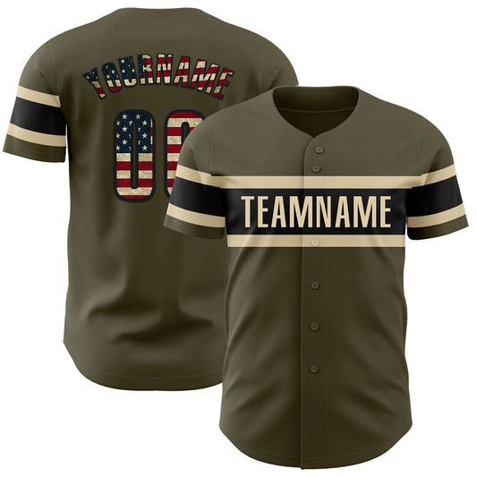 Custom Olive Vintage USA Flag Black-Cream Authentic Salute To Service Baseball Jersey - Sky-Custom