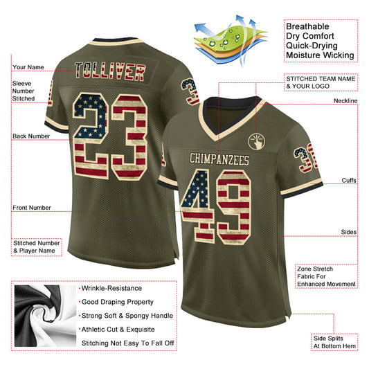 Custom Olive Vintage USA Flag Cream-Black Mesh Authentic Throwback Salute To Service Football Jersey - Sky-Custom