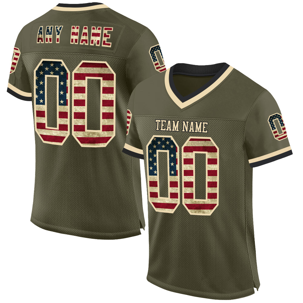Custom Olive Vintage USA Flag Cream-Black Mesh Authentic Throwback Salute To Service Football Jersey - Sky-Custom