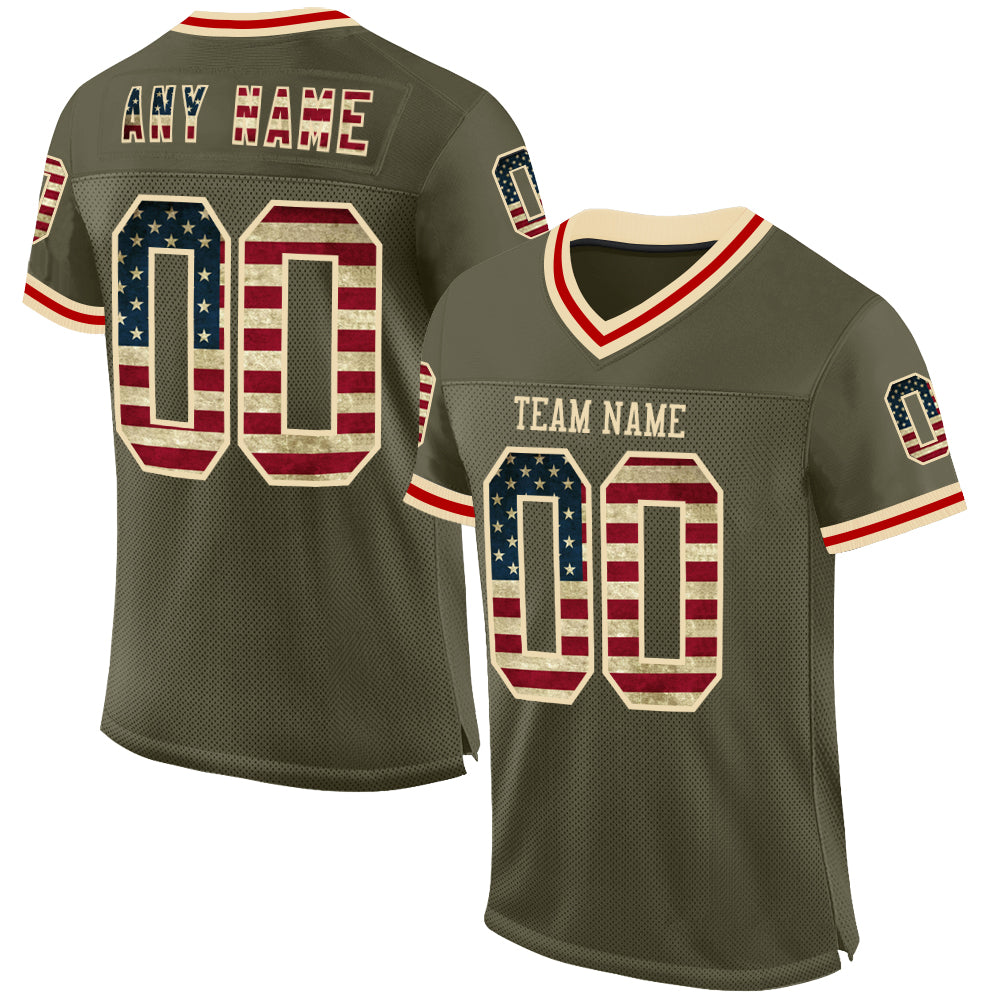 Custom Olive Vintage USA Flag Cream-Red Mesh Authentic Throwback Salute To Service Football Jersey - Sky-Custom